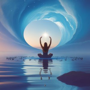 Curso Certificado de Hipnosis Regresiva y Sanación Cuántica - Mujer meditando con energía dorada y reloj de arena, símbolo del viaje entre vidas pasadas