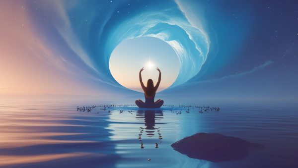 Curso Certificado de Hipnosis Regresiva y Sanación Cuántica - Mujer meditando con energía dorada y reloj de arena, símbolo del viaje entre vidas pasadas